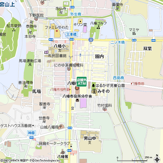 八幡市役所付近の地図